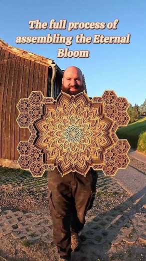 🌸 From digital lines to tangible art – the journey of the Eternal Bloom. What started as a vector file from the talented artist @yantrart is transformed here, step by step, into a layered wooden mandala. I import the design into Lightburn, adjust the size, and send it to the laser. After careful calibration, the machine cuts out 11 delicate layers. Each piece is cleaned with care, wiping away every trace of smoke. Then comes the most meditative part: the gluing. Piece by piece, the center and o