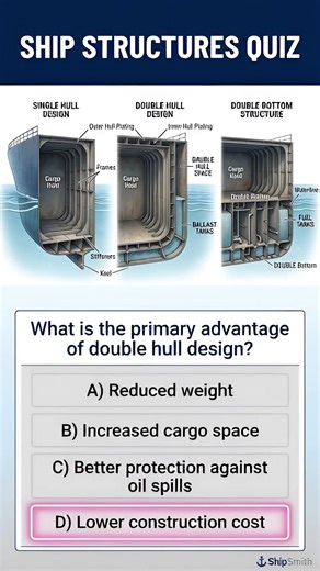 Do you know ship structures? What is the primary advantage of double hull design? Tap the image, answer the quiz, and let us know your answer in the comments! 👇 #ShipStructure #DoubleHull #SingleHull #DoubleBottom #MaritimeEngineering #ShipSmith #ShipSmithGroup #NauticalKnowledge #ShipConstruction #environmentalprotection #fblifestyle | ShipSmith