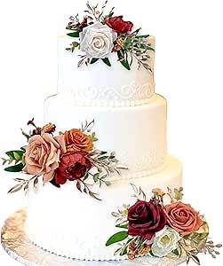 CherishedMoments 3Pcs Cake Topper Set, Artificial Flowers Decor Burnt Orange Cake Topper Decorations for Ceremony, Anniversary, Fall Vintage Wedding