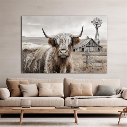 Beige Farm Cow Large Canvas Wall Art Print Highland Cow Decor Western Landscape Painting Retro Cow Gift Farmhouse Decor - Etsy