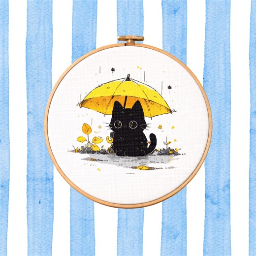 Kawaii Black Cat Cross Stitch Pattern Cute Umbrella Rain Design Animal Embroidery PDF Instant Download Easy Beginner DIY - Etsy