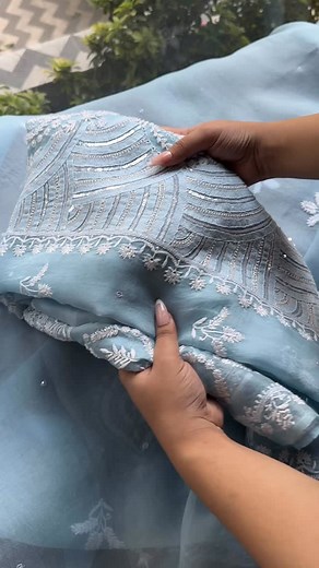 POWDER BLUE | NOOR ORGANZA CHIKANKARI . Zen circles inspired shadow jaal of intricate Chikankari on soft silk organza done with intricate beads and ari work. . PRODUCT SKU:89000364A2 . Kurta- 3.25 meters Dupatta- 2.75 meters . . . . . . . #samanemporio #samanchikan #organza #chikankari | Saman