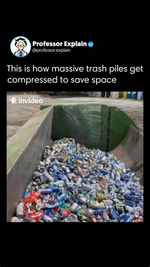 Professor Explain 🤯 on Instagram: "The video demonstrates how industrial trash compactors reduce massive volumes of waste into dense, manageable blocks. By applying extreme pressure, these machines force out trapped air and collapse materials like metal cans, plastic containers, and cardboard packaging into a tightly compressed mass. This process greatly improves efficiency in waste handling. Compacted trash takes up far less space, making transportation cheaper and reducing the strain on landf