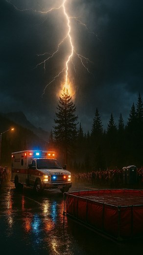 🔊 SOUND ON! ⚡️ An unbelievably close lightning strike was captured on camera at what appears to be a wildland firefighter staging area in the mountains of Oregon. The deafening crack of thunder demonstrates the raw power of nature that crews face. 🌲 This scene, with the ambulance and portable water tank, is a common sight during Oregon's fire season. These temporary bases are critical for crews battling blazes in remote areas. While the rain from a thunderstorm is a welcome relief, the lightni