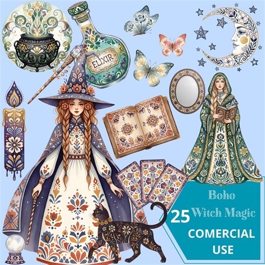 Boho Witch Magic Clipart Set, Mystic Witch Illustrations, Celestial Boho Elements, Folk Art Witchcraft Graphics, Commercial Use, PNG Images - Etsy
