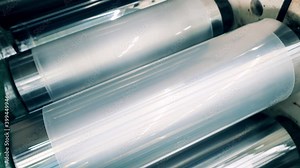 Plastic film moving through rollers at plastic factory