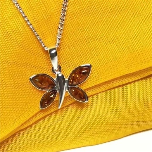 Real amber butterfly shaped necklace sterling silver pendant