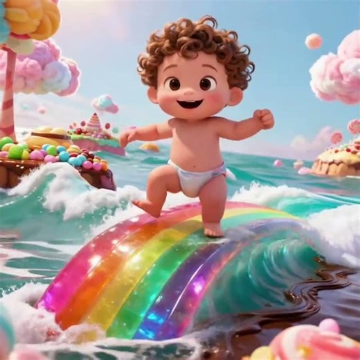 baby surfing on a rainbow jelly wave