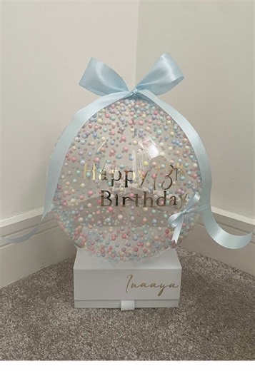 Turning 13 In Style 🩵🫧 A beaded bubble made with love for a lucky birthday girl ✨ Save this for inspo or share it with someone planning a special celebration 💌 #balloons #birthdayballoons #beadedballoons #blueballoonideas #balloondeliveries [Bolton Balloons. Manchester Balloons. Balloons Near Me. Event Stylist. Balloon Hampers. Event Decor Inspiration. Beaded Balloons. Pastel Balloons. Balloon Deliveries Nationwide]