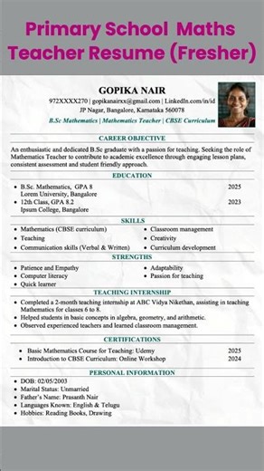 Primary School Maths Teacher Resume for freshers