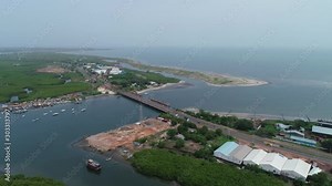 Aerial slow pan right Denton Bridge Banjul Serrekunda Highway The Gambia Africa