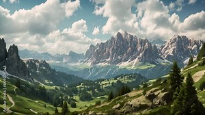 Mountain lake in the Dolomites at sunrise, Italy, Panoramic view of the Dolomites in Italy, Europe