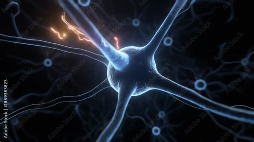 A neuron is firing with electrical impulses in a network of nerve cells, viewed microscopically in a scientific environment.