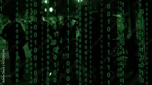 Police controlling a crowd with binary computer code scrolling