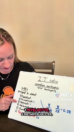 The I:T ratio can give us an idea of how the bone marrow is reacting in our newborns, by quantifying the amount of immature cells relative to the total neutrophils. Positive predictive values of CBC’s in the newborn period is poor based on years of evidence, so interpret with caution. #cbc #nicu #newgradnurse #nursingstudent #lab