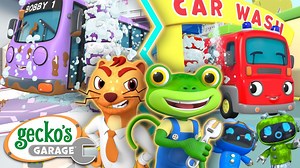 After a big rainstorm that leaves everyone driving through muddy puddles, Weasel challenges Gecko to a car wash competition. Who will win? | Gecko's Garage