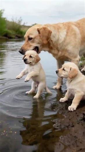 Dog Mom Trains Puppy's Swimming Skills on the Water