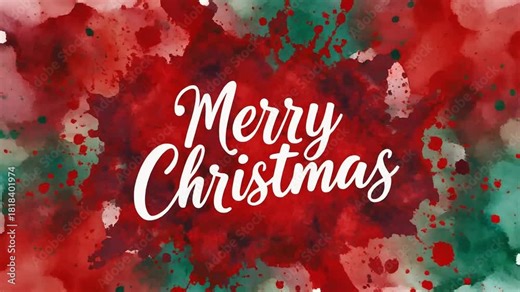 "Merry Christmas" text in white script on a background of red and green watercolor splashes.