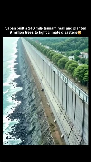 𝙒𝙊𝙍𝙇𝘿 𝙒𝙄𝘿𝙀 on Instagram: "The reel presents aerial footage of a long concrete seawall running parallel to a Japanese coastline, with waves breaking against its base on one side and a road lined with trees on the other. The overlaid text claims that Japan constructed a 246-mile tsunami wall and planted 9 million trees to mitigate climate-related disasters. This content appears to be part of a viral social media trend circulating in 2025 across platforms like Instagram, Threads, and YouTu