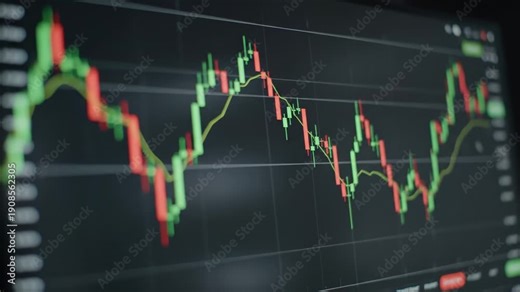 Digital screen displaying financial stock market candlestick chart with red and green bars showing data fluctuations and trading trends.