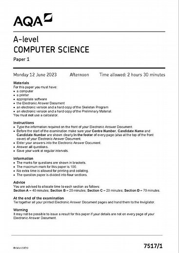 AQA A Level Computer Science Paper 1 June 2023 Question Paper 7517 1
