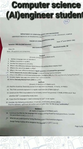 Btech(2025-26)CSE(AI) theory of computation 3rd year end semester exam paper... #csedepartment