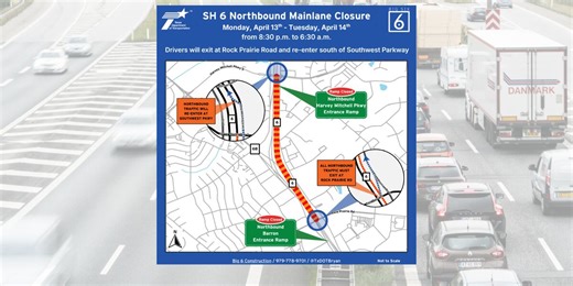 Full closure of northbound Highway 6 planned for Monday night