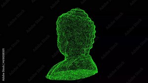 3D Buddha rotates on black bg. Religious Divine concept. Peace and mindfullness symbol. Buddhism and meditation. For title, text, presentation. Shimmering particles. 3d animation 60 FPS