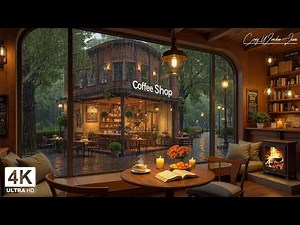 Quiet Rainy Jazz at a Cozy Café Street 🌧️ Jazz Playlist with Fireplace Sounds for Study & Relax