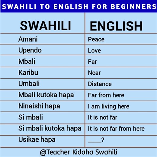 Learn Kiswahili from home 🏡 Swahili language for beginners #love #music #swahili #swahilination #swahiliculture #swahilifood #safari #reelsviral #reelsvideo | Teacher Kidaha Swahili