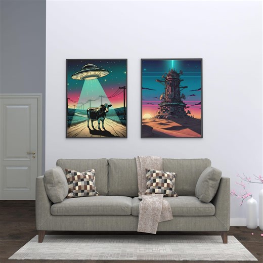 Neon UFO Cow Wall Art – Retro Sci-fi Farm Poster - Etsy