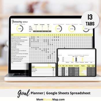 Goal Tracker Google Sheets Spreadsheet - Yellow