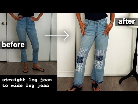 DIY JEANS REFASHION : Upcycle straight leg into wide leg jeans with patches