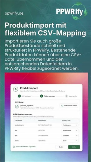 PPWRify - Die-EU-PPWR-Compliance-Software - Produktimport mit flexiblem CSV-Mapping