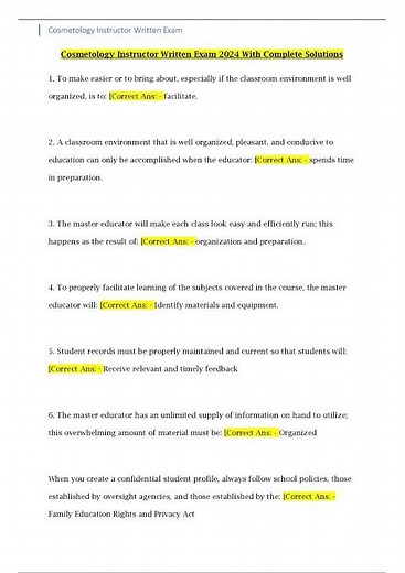Cosmetology Instructor Written Exam 2024 With Complete Solutions