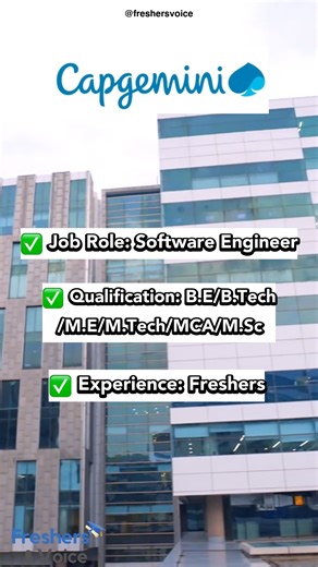 Freshersvoice.com | Job Alerts on Instagram: "🚀 Capgemini Off Campus Drive 2026 🚀 💻 Roles: Software Engineer 🎓 Qualification: B.E / B.Tech / M.E / M.Tech / MCA / M.Sc 📍 Location: Across India Great opportunity for freshers and graduates to start their career with a global IT company. Apply online at the earliest! ⚠️ Disclaimer: This post is for informational purposes only. Job roles, eligibility, and hiring process may change. Please verify from Capgemini’s official careers page before appl