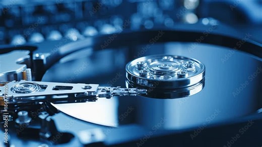 A detailed closeup view of an open hard disk drive revealing the intricate internal components like the spinning platters and the readwrite head bathed in a cool blue light symbolizing data storage d.