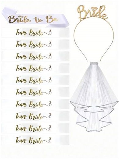 GCGIGUI 13pcs Bride Party Set, Including "Bride" Veil & Headband, Pearl Necklace, "Bride-To-Be" Sash, TEAMBRIDE Bracelet And Temporary Tattoos, Pink And Gold Bridal Shower Favors, Ideal For Bachelorette Party And Bridal Shower, High-Quality Materials For Unforgettable Wedding Celebration | SHEIN