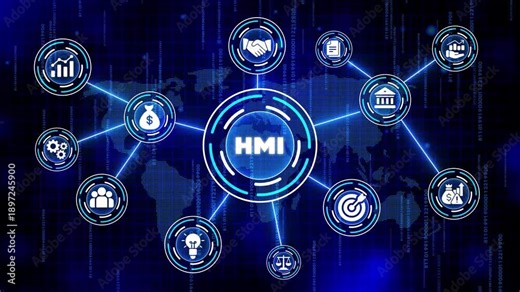 H M I Human Machine Interface Technology on Blue Background with Map and Data Code digital