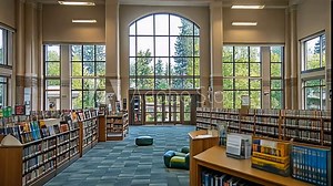 The library features expansive reading spaces filled with natural light, cozy seating arrangements, and shelves lined with diverse books inviting exploration.