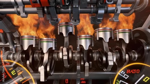 Detailed 3D Rendering of a Working Internal Combustion Engine with Pistons and Flames motor crankshaft