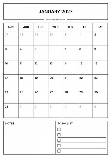 January 2027 Calendar PDF | Free Printable January 2027 Calendar PDF | Free A4 & US Letter Templates