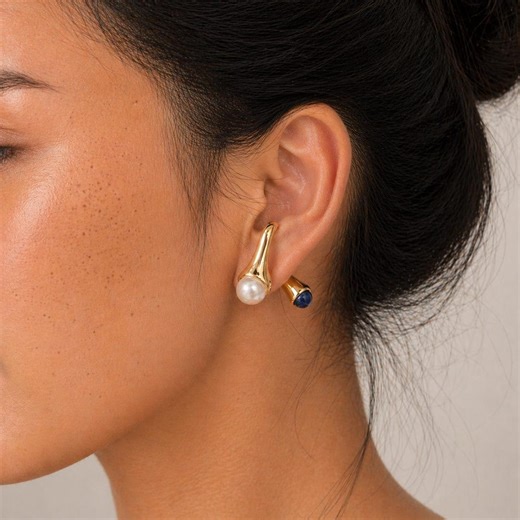 Gold Pearl Front Back Earrings, Double Sided Stud Earrings, Sculptural Curved Earrings, Minimalist Statement Jewelry, Pearl Drop Earrings - Etsy