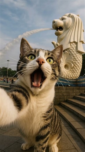 Cat Takes Selfie with Singapore’s Merlion Statue—Tourist Goals Unlocked!