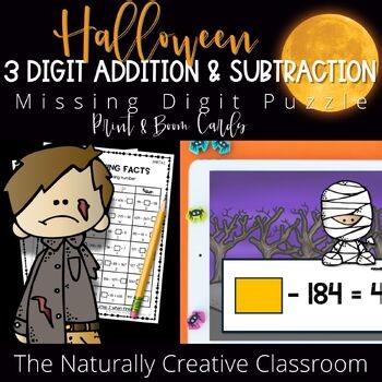 Halloween Missing Digit Puzzle | Add & Subtract to 3 Digits | Print & Boom Cards