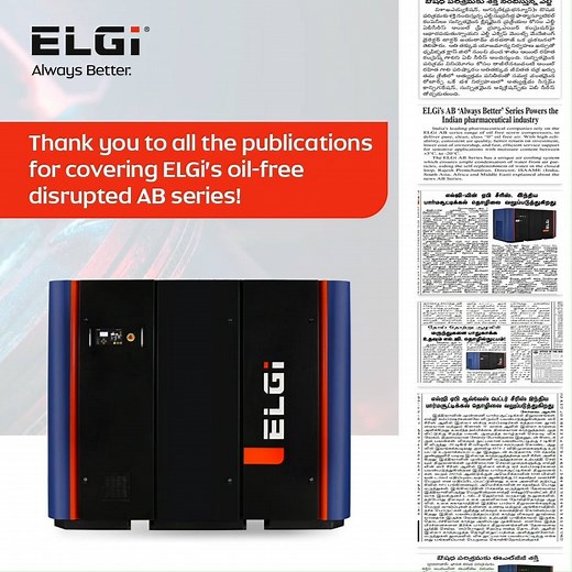 Leading pharmaceutical companies rely on ELGi's oil free compressors. The ELGi AB series of air compressors offers the purest form of compressed air with higher efficiency, increased reliability and quicker return on investment, especially for sensitive industries like pharma. For inquiries regarding the AB series compressors, write to us at communications@elgi.com Thank you to all the publications for featuring us. #ABseries #CompressedAirSystem #Pharma #OilFreeTechnology | Elgi Equipments Limi