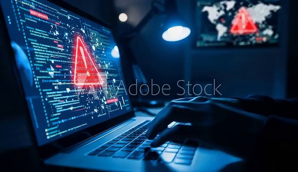 Hacker typing on a laptop displaying a red warning sign and code, cybersecurity concept