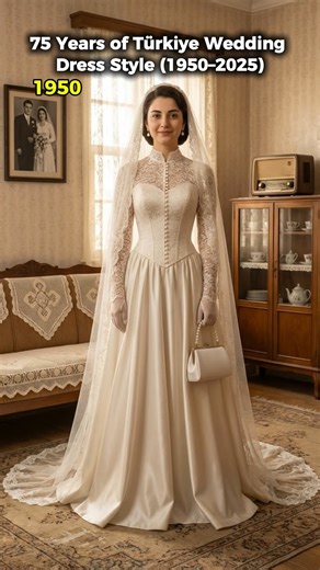 Aimovio on Instagram: "75 Years of Turkish Wedding Dress Style (1950–2025) #weddingdresses #ai #wedding #bridaleevolution #collab 1950 This scene reflects the elegance of 1950s Turkish brides with high-neck dresses, long lace sleeves, and a classic, graceful style. The atmosphere feels warm, simple, and nostalgic, showing daily life during that era. 1960 In the 1960s, bridal fashion became lighter and simpler. A-line gowns and shorter veils represent a modern shift, reflecting social change. 197
