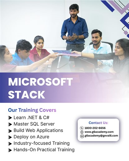 G6 Academy on Instagram: "Build real-world applications with our Microsoft Stack Training 💻 Learn .NET, C#, SQL Server, Web Applications, and Azure with industry-focused, hands-on training. ✨ Learn in your regional language as well (English, Tamil, Malayalam & more) Upgrade your skills. Build your tech career. 🚀 📞 1800-202-6656 🌐 www.g6academy.com #softwaredevelopmentcompany #techcareers #handsontraining #learninyourlanguage G6Academy"