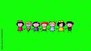 Happy cartoon group of children walking greenbox. Seamless loop kid characters holding their hands green screen isolated.